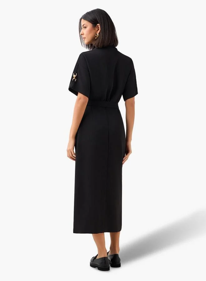 Iconic  Iconic Midi Belted Shirt Dress with Pocket Detail for Women | Best Price UAE